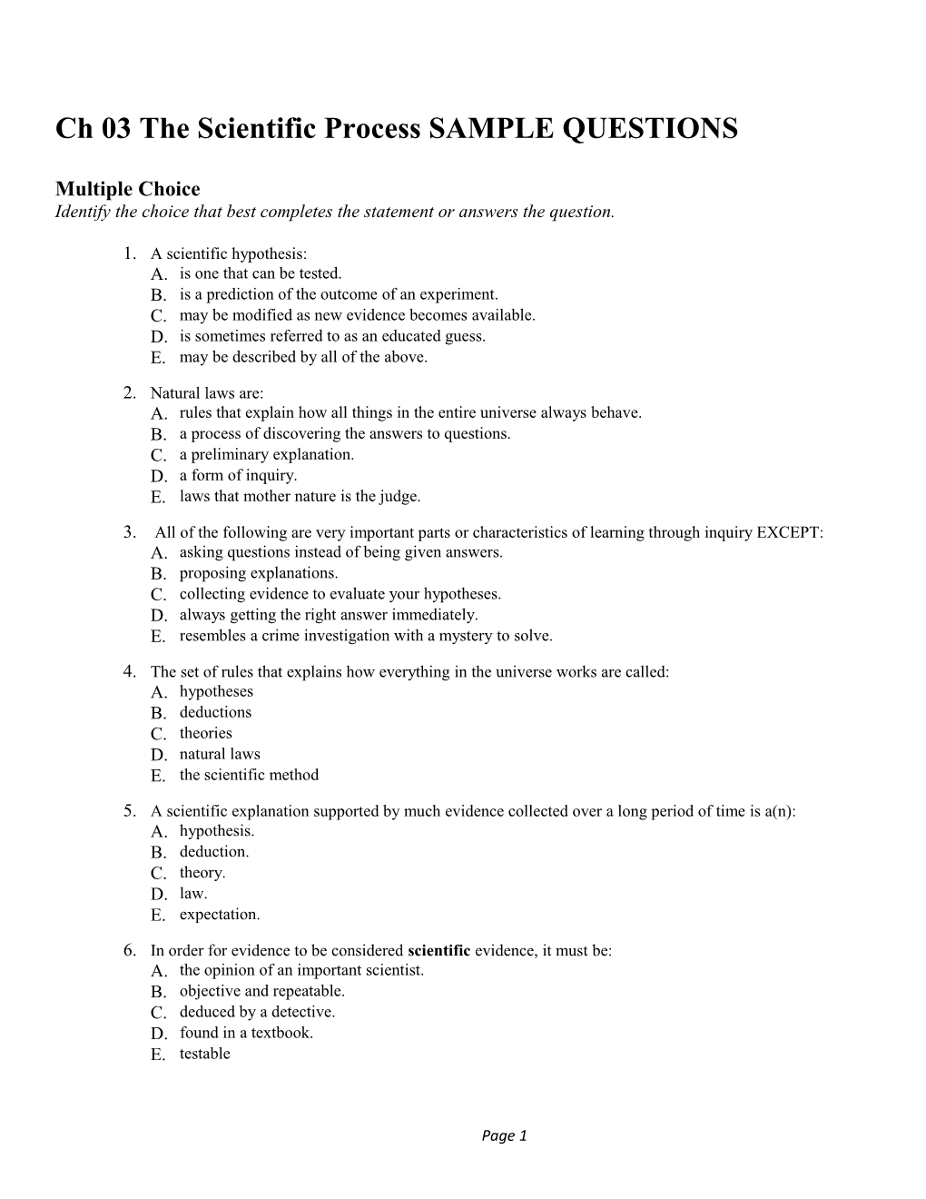 Ch 03 the Scientific Process SAMPLE QUESTIONS