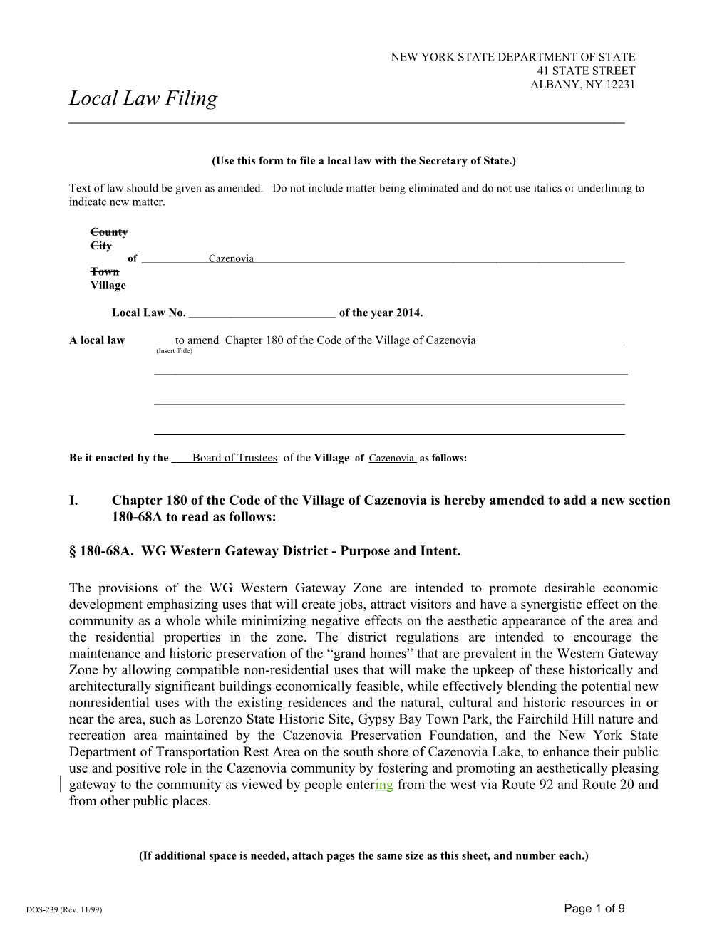 Use This Form to File a Local Law with the Secretary of State.