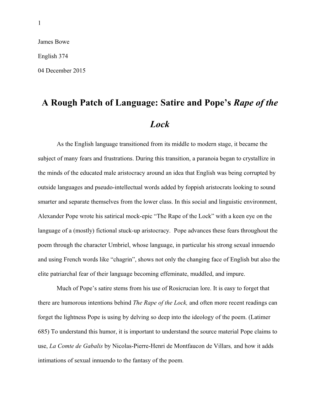 A Rough Patch of Language: Satire and Pope S Rape of the Lock