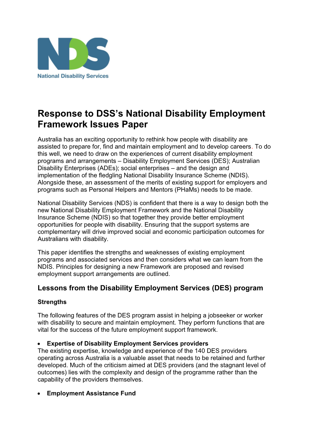 Response to DSS S National Disability Employment Framework Issues Paper