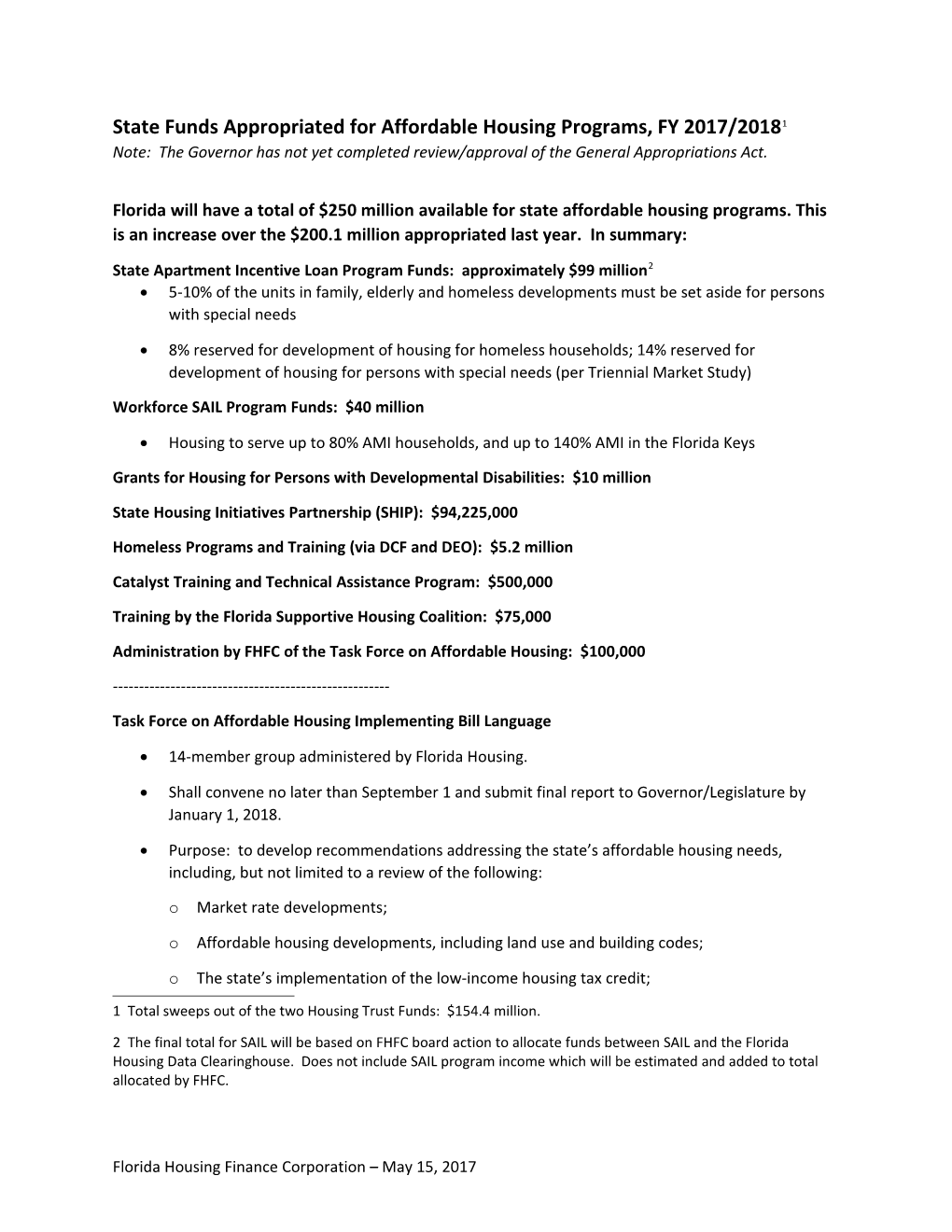 State Funds Appropriated for Affordable Housing Programs, FY 2017/2018 *