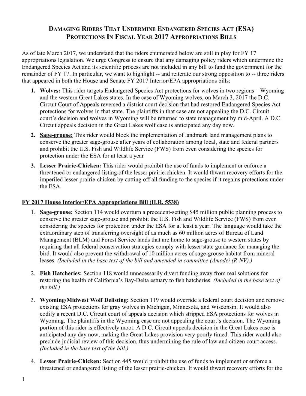 Damagingriders That Undermineendangered Species Act (ESA) Protections in Fiscal Year 2017