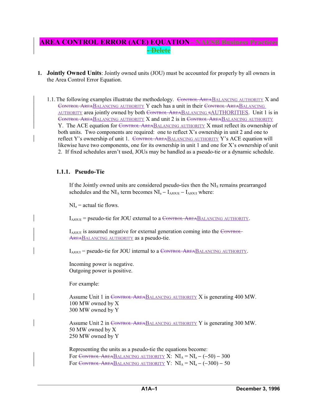 Appendix 1A the Area Control Error (ACE) Equation