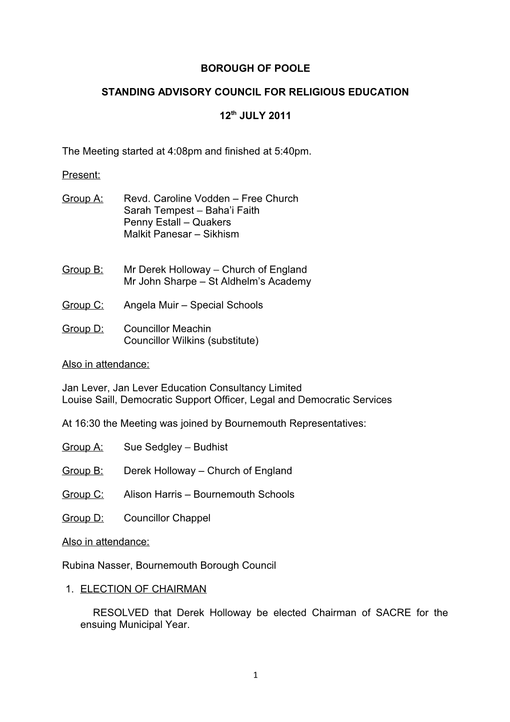 Minutes - Standing Advisory Council for Religious Education - 12 July 2011