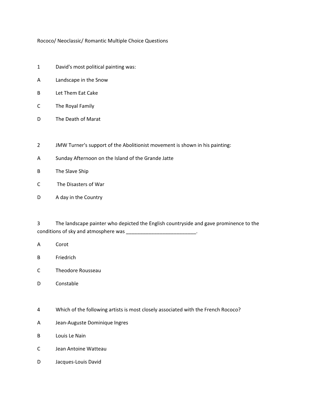 Rococo/ Neoclassic/ Romantic Multiple Choice Questions