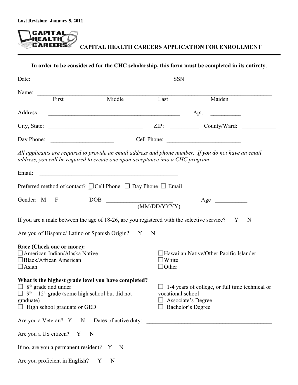 Capital Health Careers Application for Enrollment