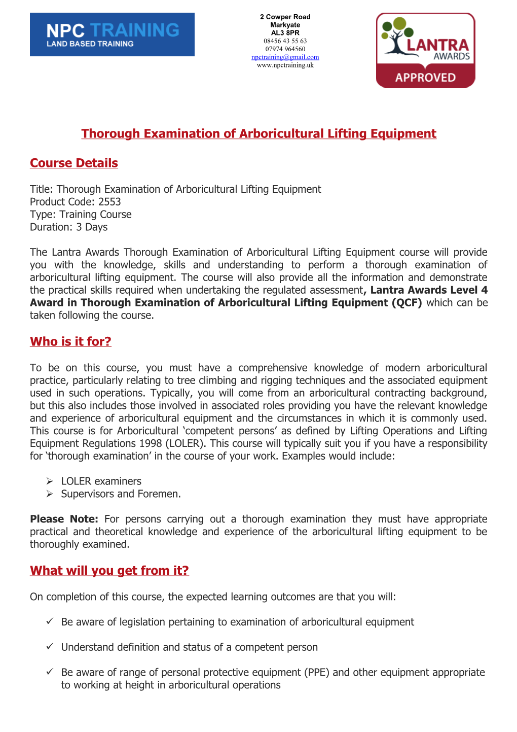 Thorough Examination of Arboricultural Lifting Equipment