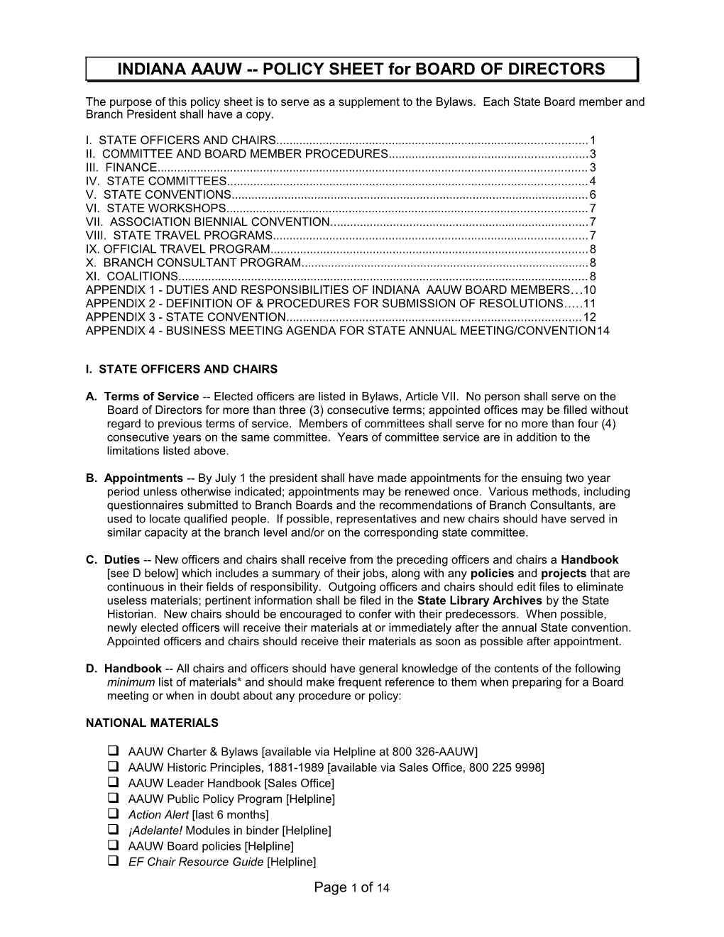 INDIANA STATE POLICY SHEET for BOARD of DIRECTORS