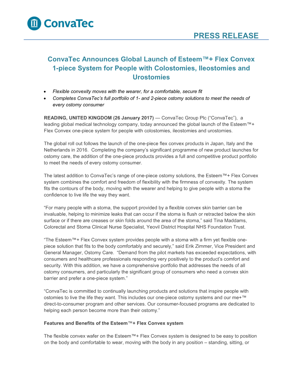 Convatec Announces Global Launch of Esteem + Flex Convex 1-Piece System for People With