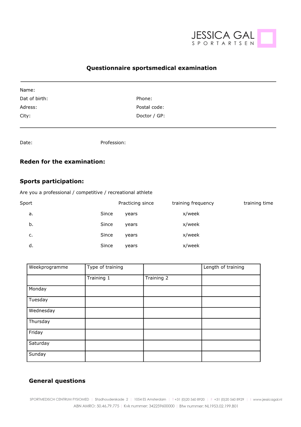 Questionnaire Sportsmedical Examination