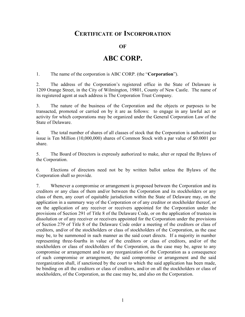 ABC CORP. - Certificate of Incorporation