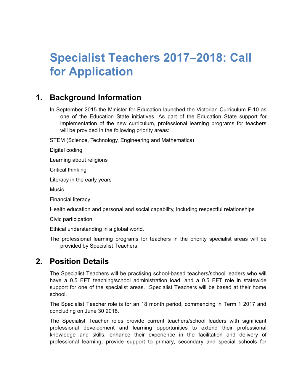 Specialist Teachers 2017 2018: Call for Application