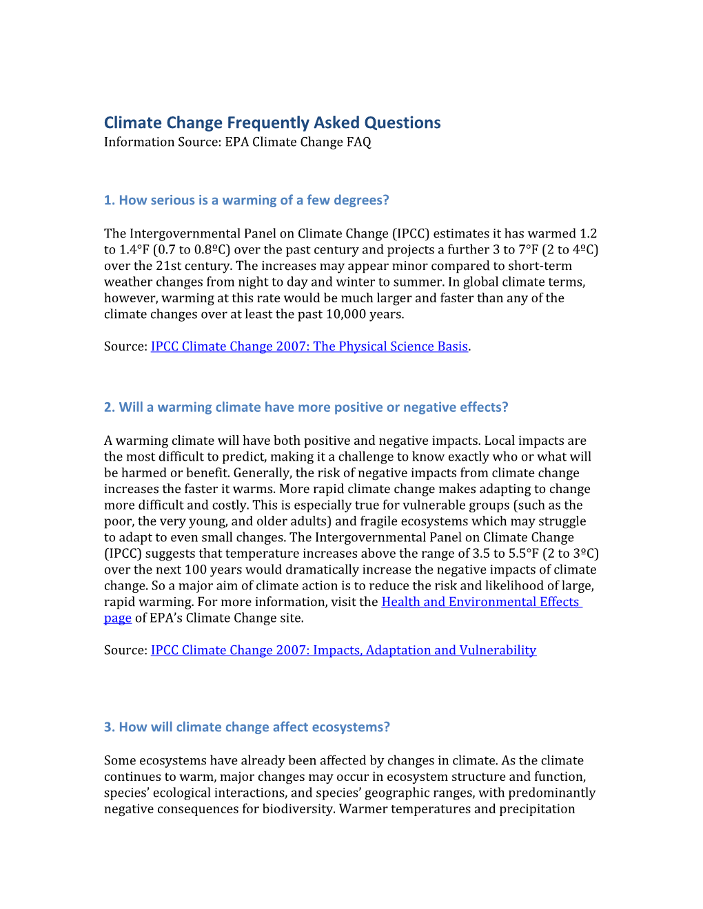 Climate Change Frequently Asked Questions