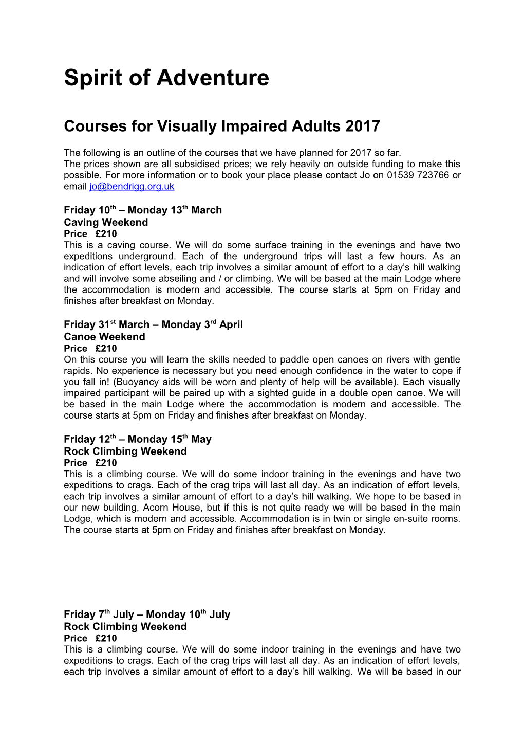 Courses for Visually Impaired Adults 2017