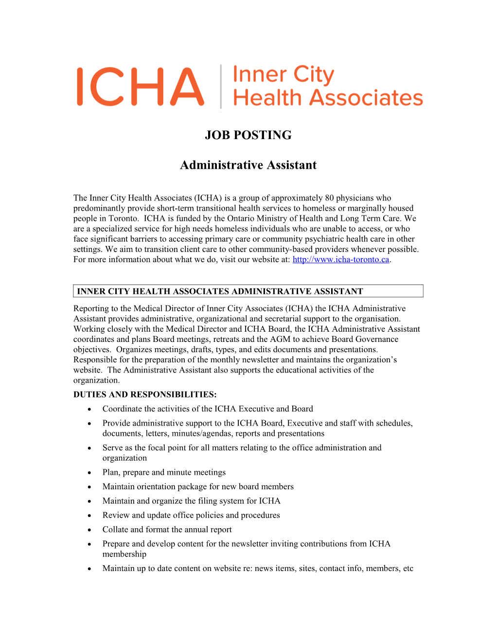Inner City Health Associates Administrative Assistant