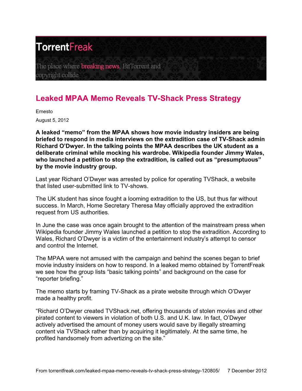Leaked MPAA Memo Reveals TV-Shack Press Strategy