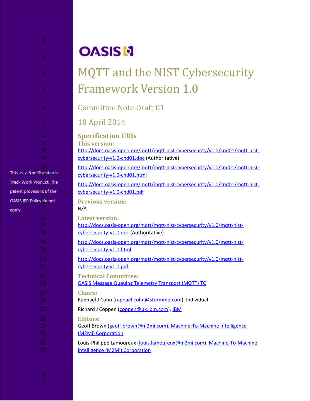 MQTT and the NIST Cybersecurity Framework Version 1.0