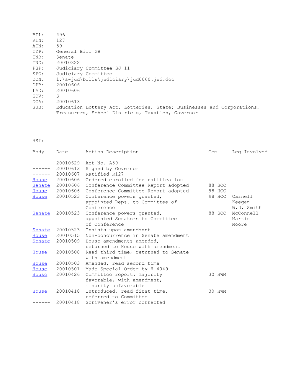 2001-2002 Bill 496: Education Lottery Act, Lotteries, State; Businesses and Corporations