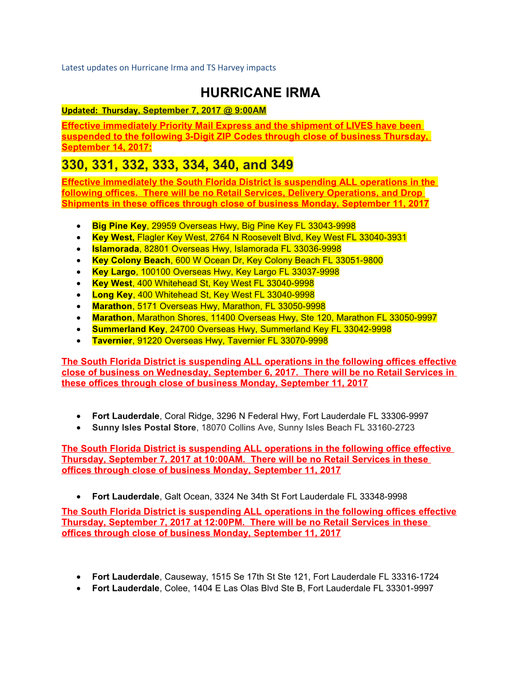 Latest Updates on Hurricane Irma and TS Harvey Impacts