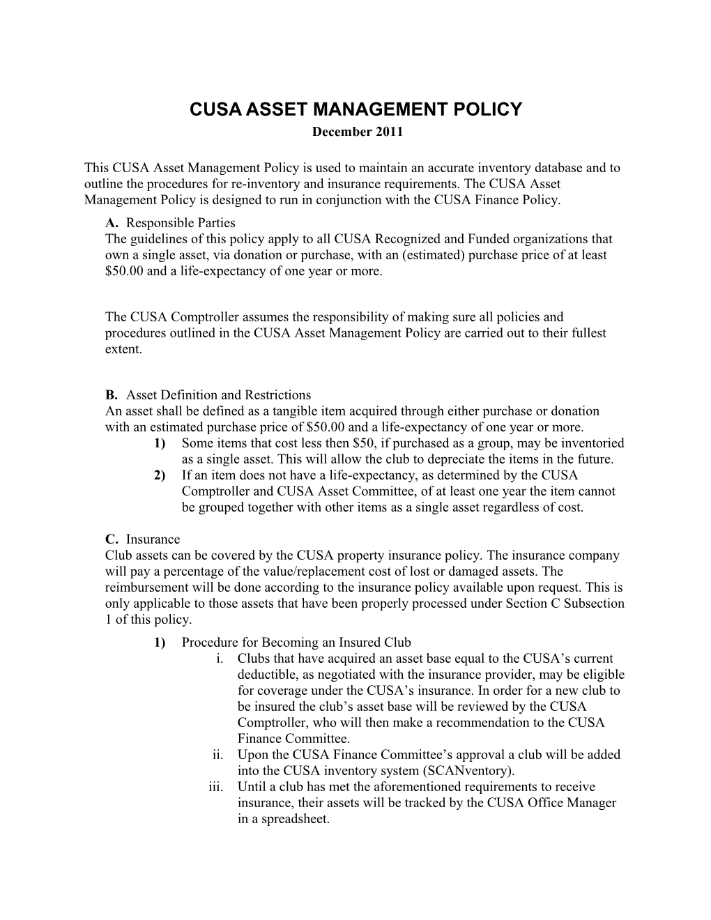 Cusa Asset Management Policy