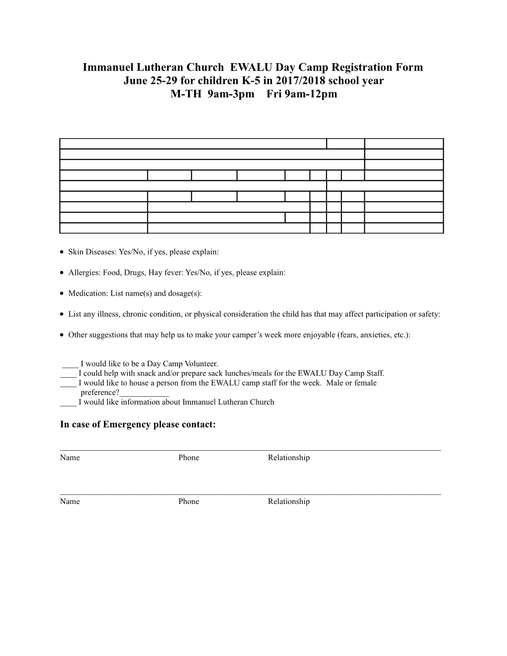 Immanuel Lutheran Church EWALU Day Camp Registration Form