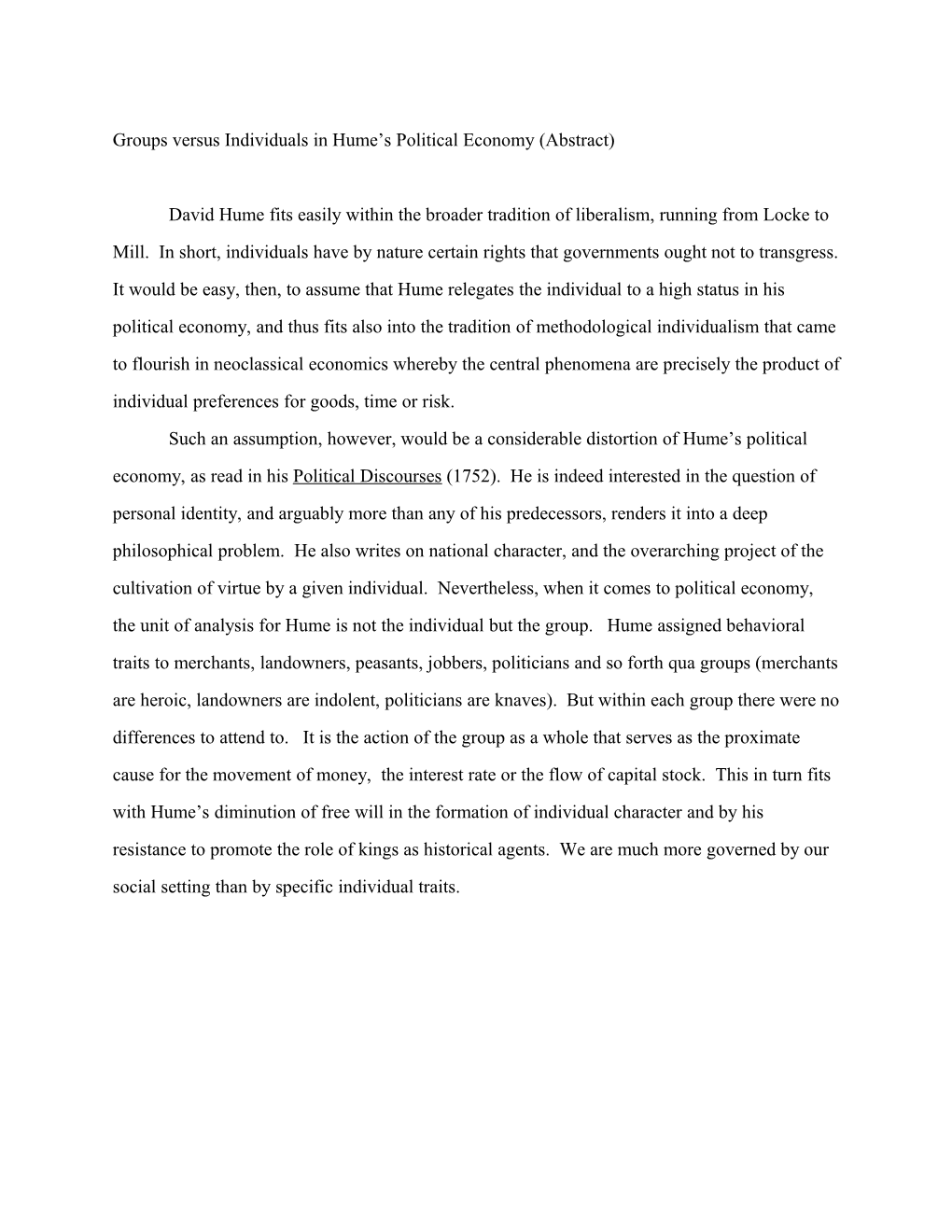 Groups Versus Individuals in Hume S Political Economy (Abstract)