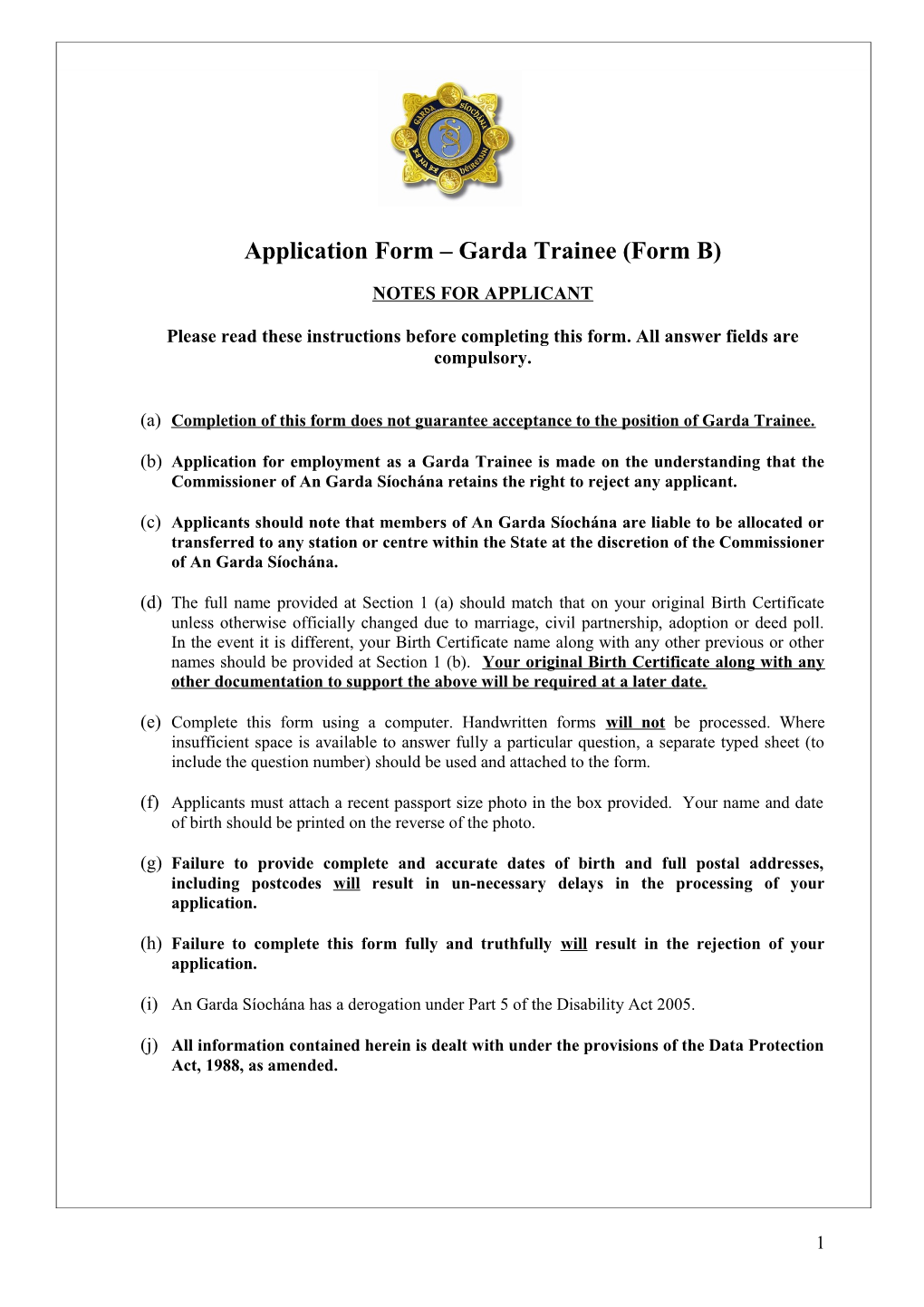 Application Form Garda Trainee (Form B)