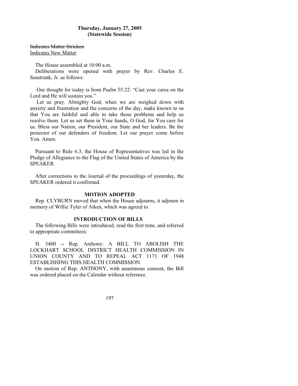 House Journal for Jan. 27, 2005 - South Carolina Legislature Online