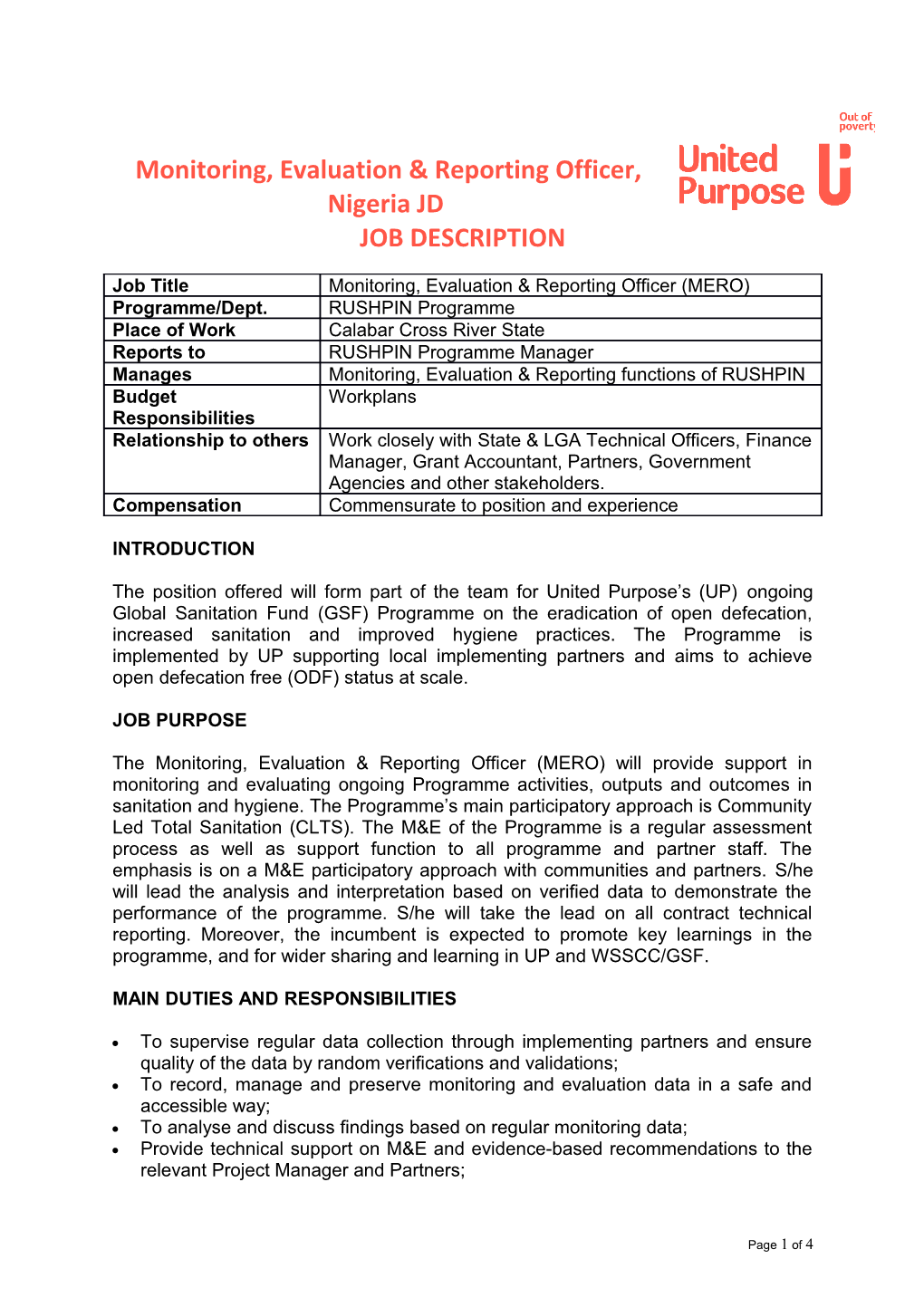 Monitoring, Evaluation & Reporting Officer, Nigeria JD