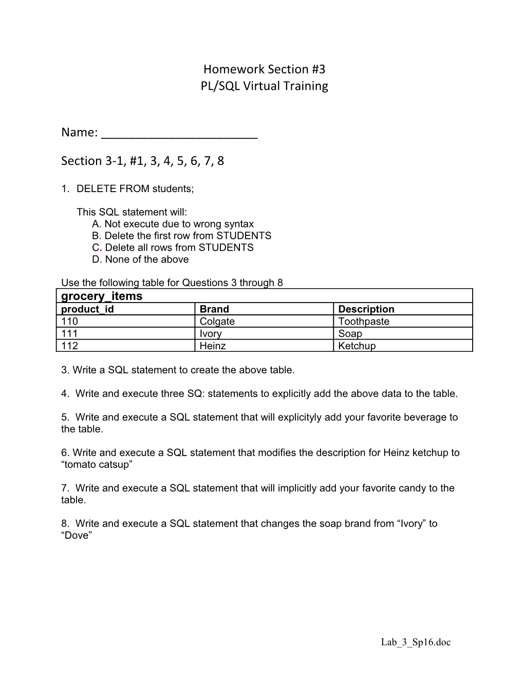 Homework Section #3 PL/SQL Virtual Training