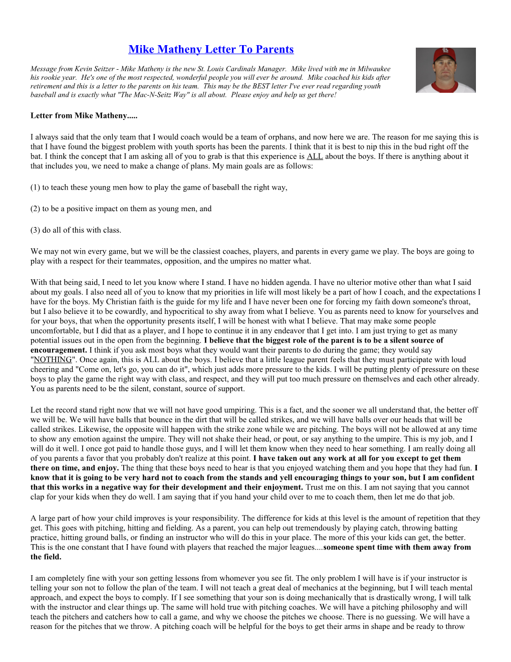 Mike Matheny Letter to Parents