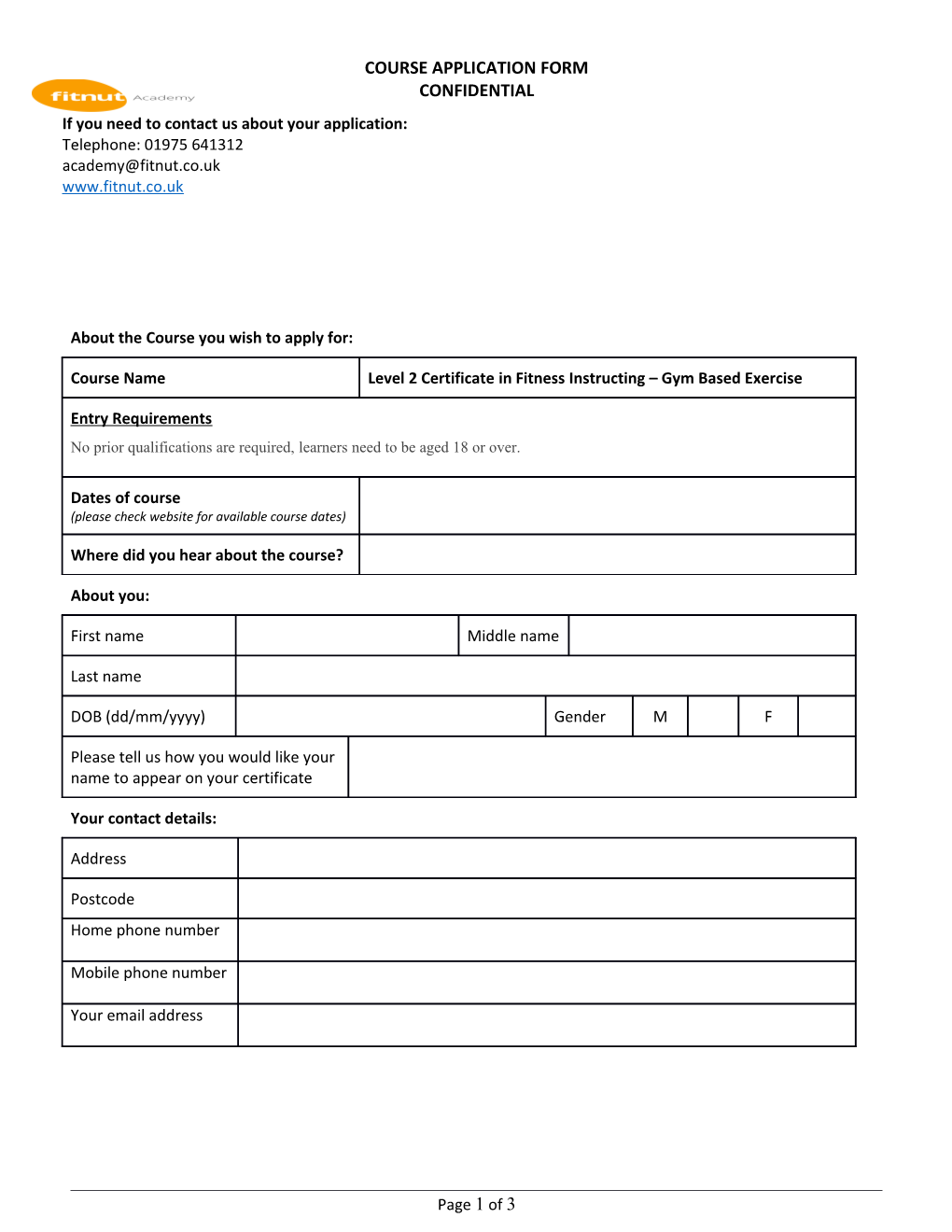 Fitnut Academy Course Application Form