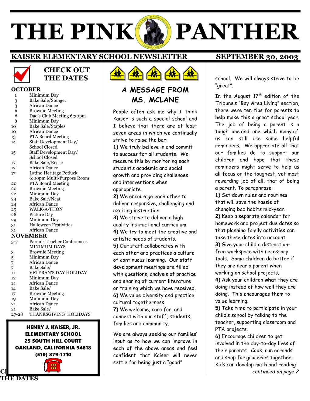 Kaiser Elementary School Newsletter September 30, 2003