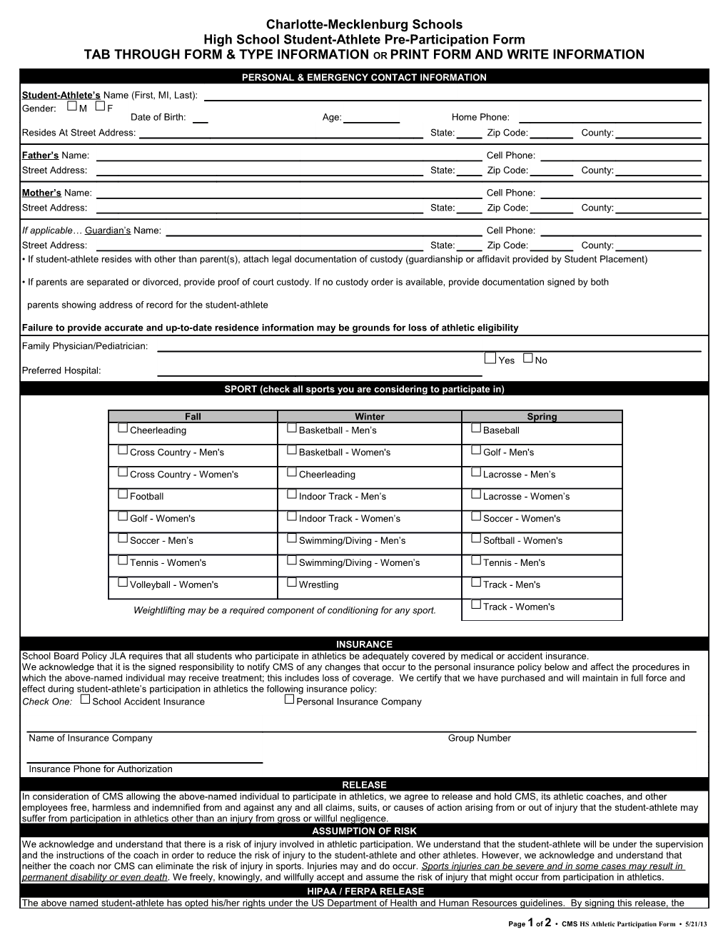 CMS HS Athletic Participation Form