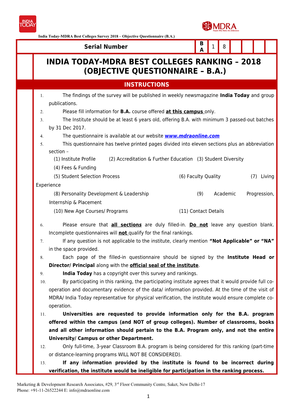 India Today-MDRA Best Colleges Survey 2018 Objective Questionnaire (B.A.)