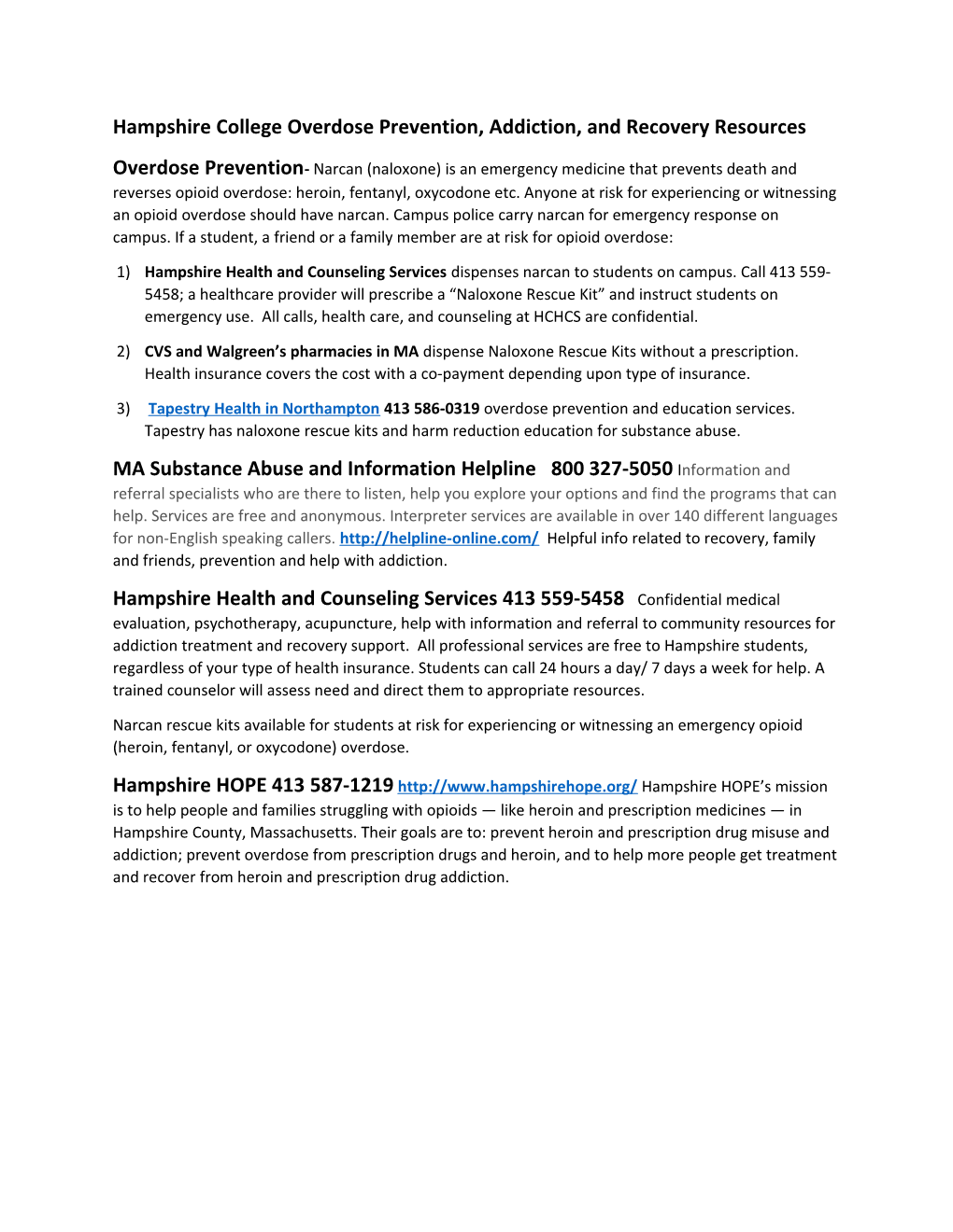 Hampshire College Overdose Prevention, Addiction, and Recovery Resources