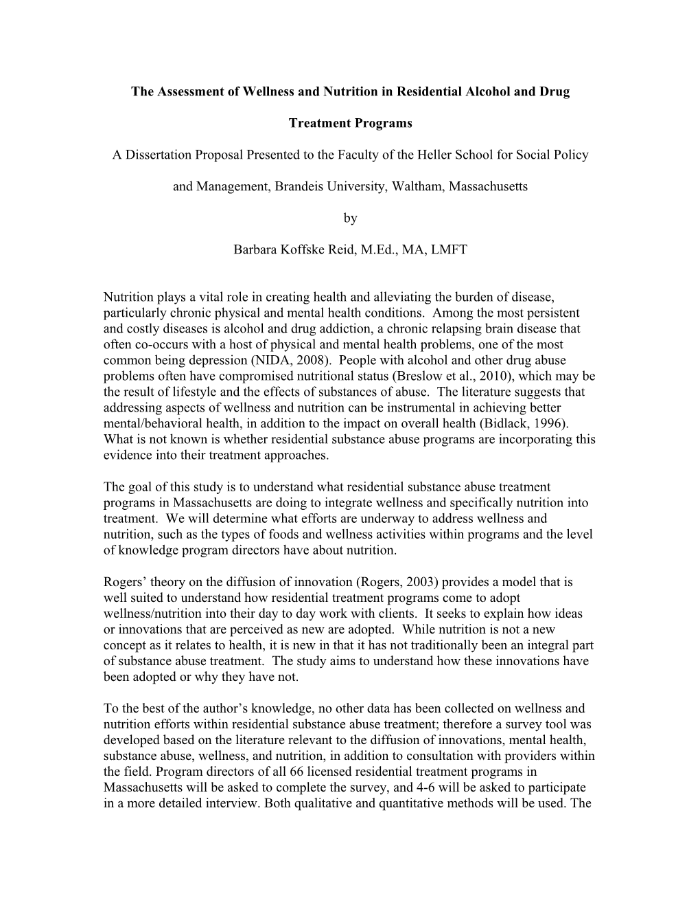 The Assessment of Wellness and Nutrition in Residential Alcohol and Drug Treatment Programs