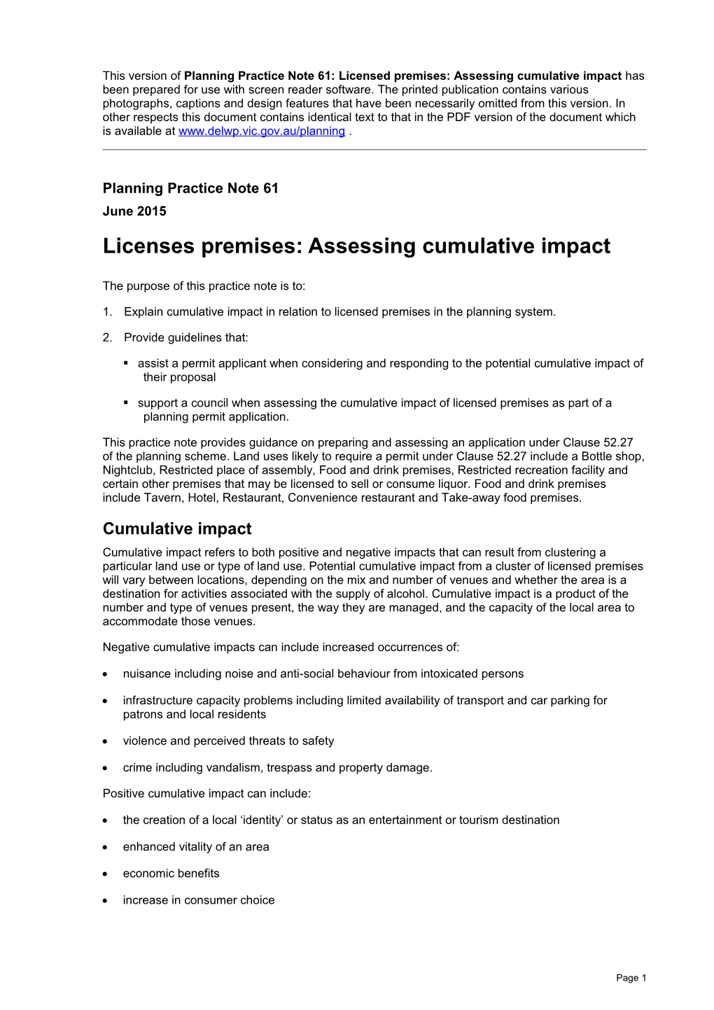 Planning Practice Note 61: Licensed Premises: Assessing Cumulative Impact