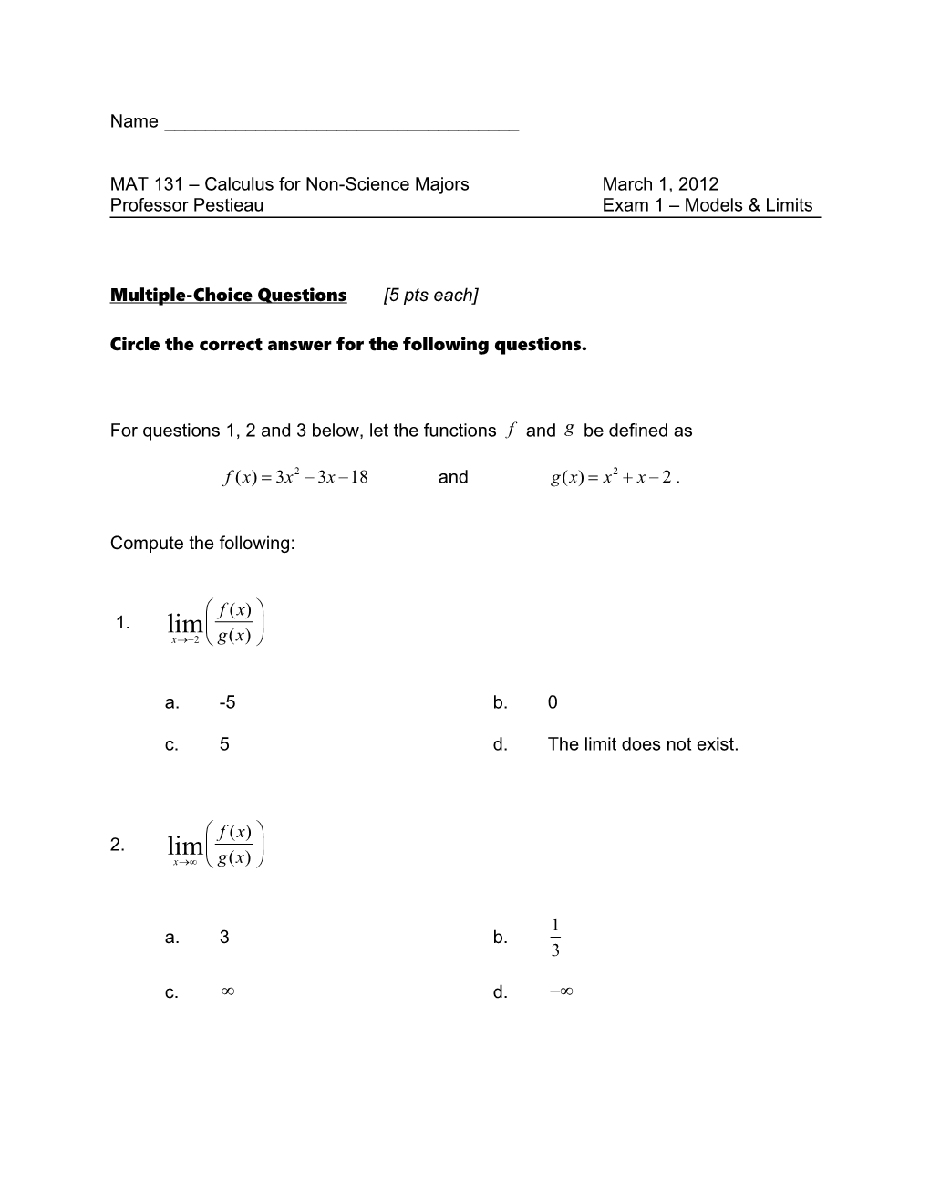 MAT 131 Calculus for Non-Science Majorsmarch 1, 2012