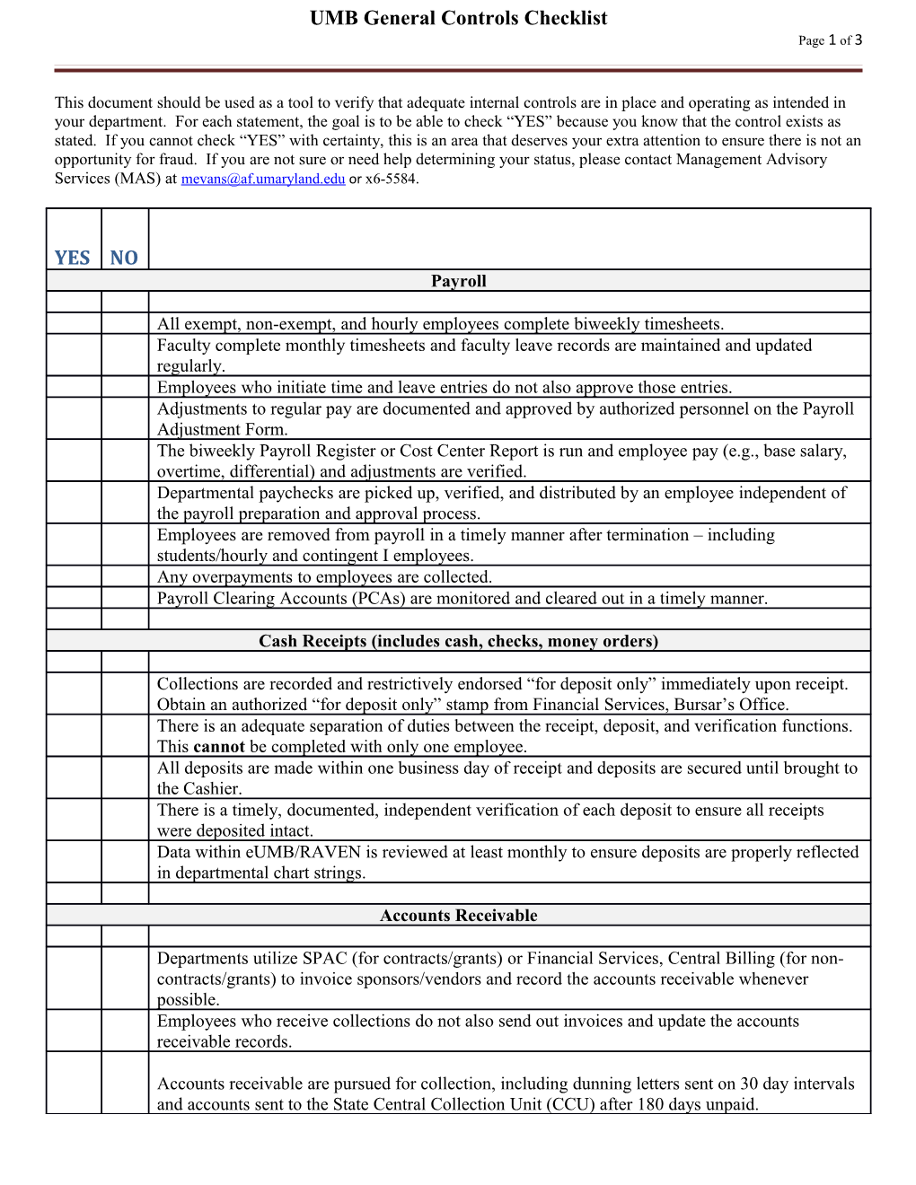 UMB General Controls Checklist