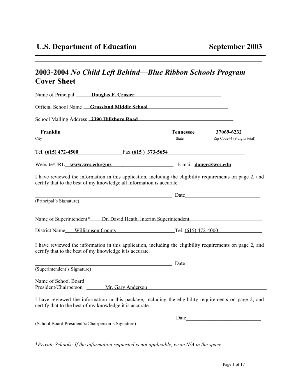 Grassland Middle School 2004 No Child Left Behind-Blue Ribbon School Application (Msword)