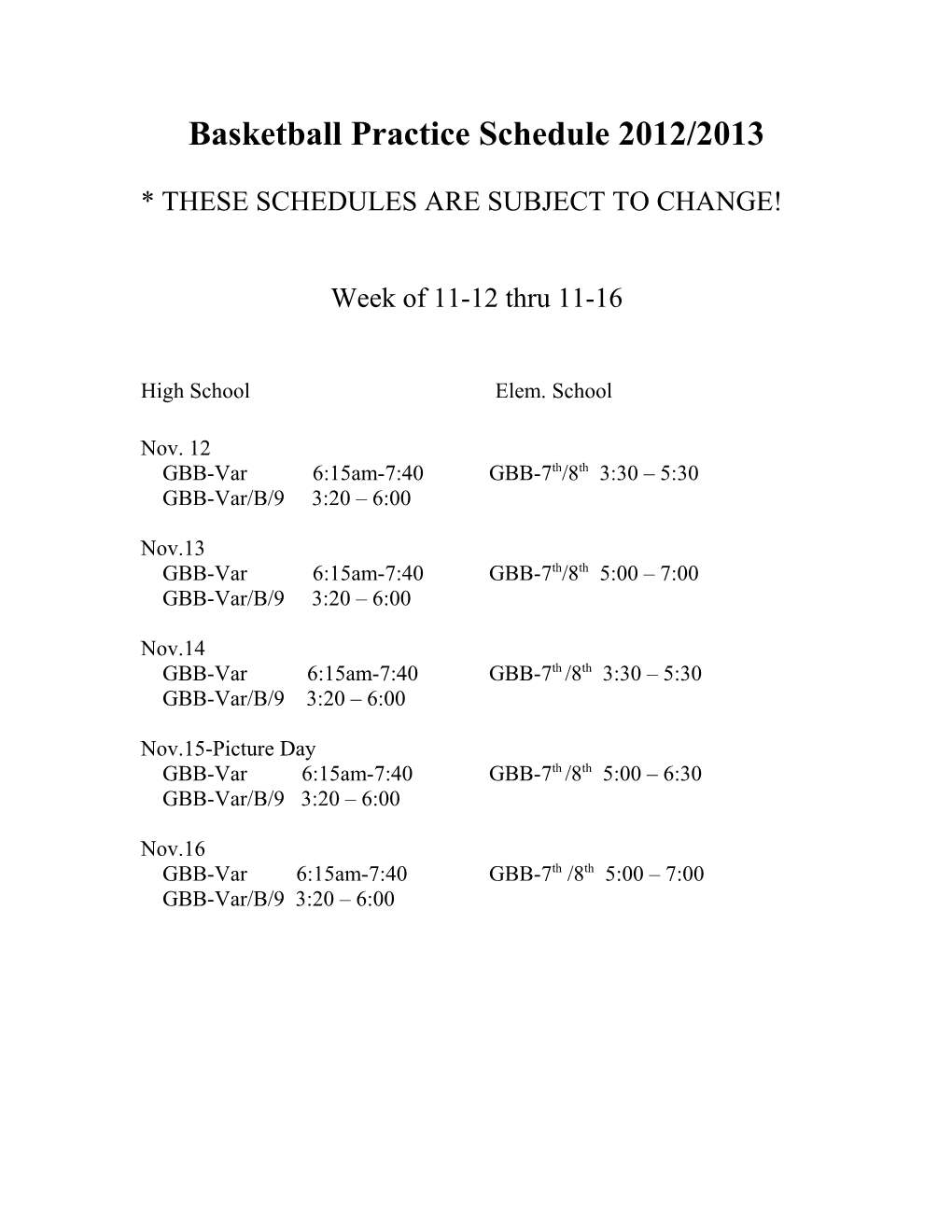 Basketball Practice Schedule 2012-13