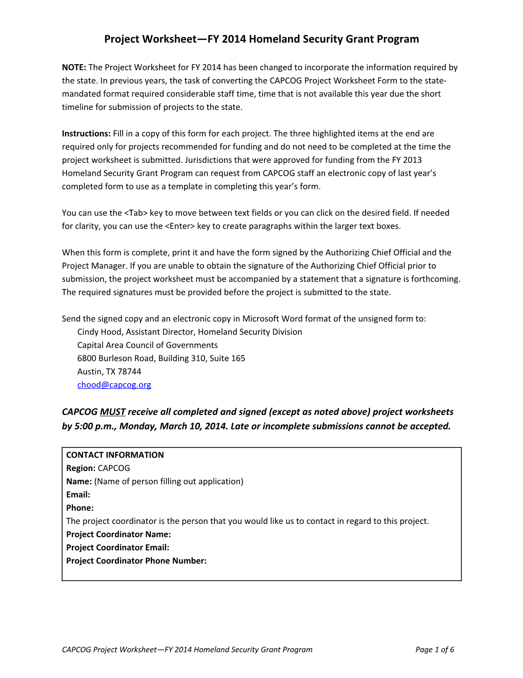 Project Worksheet FY2014 Homeland Security Grant Program