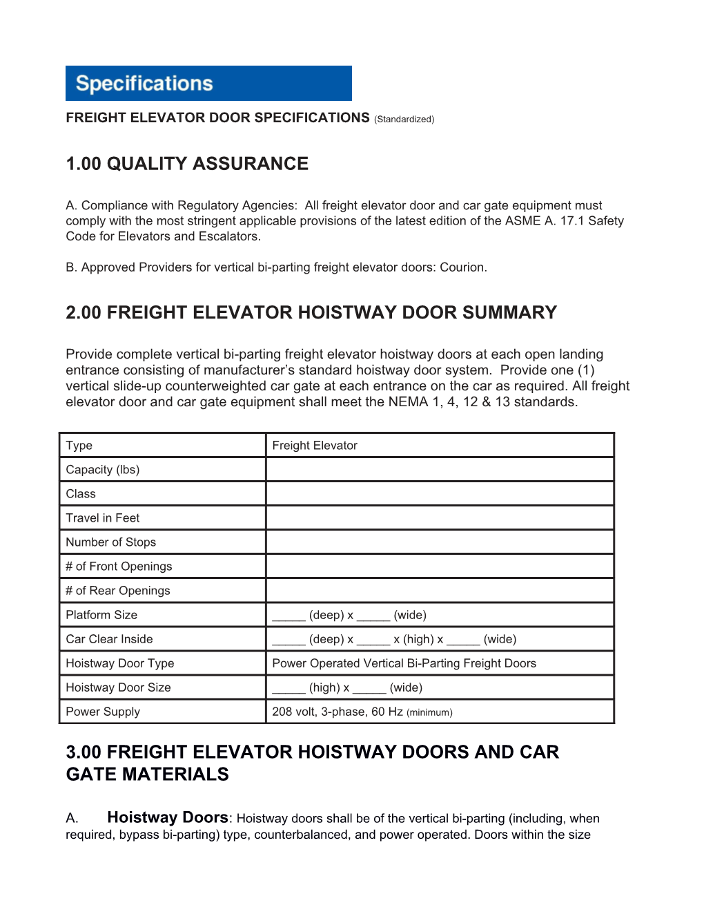 FREIGHT ELEVATOR DOOR SPECIFICATIONS (Standardized)
