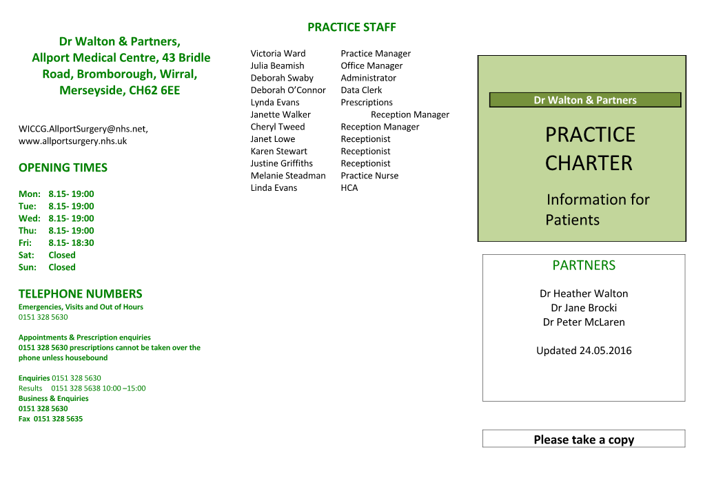 Practice Charter - Patient Leaflet