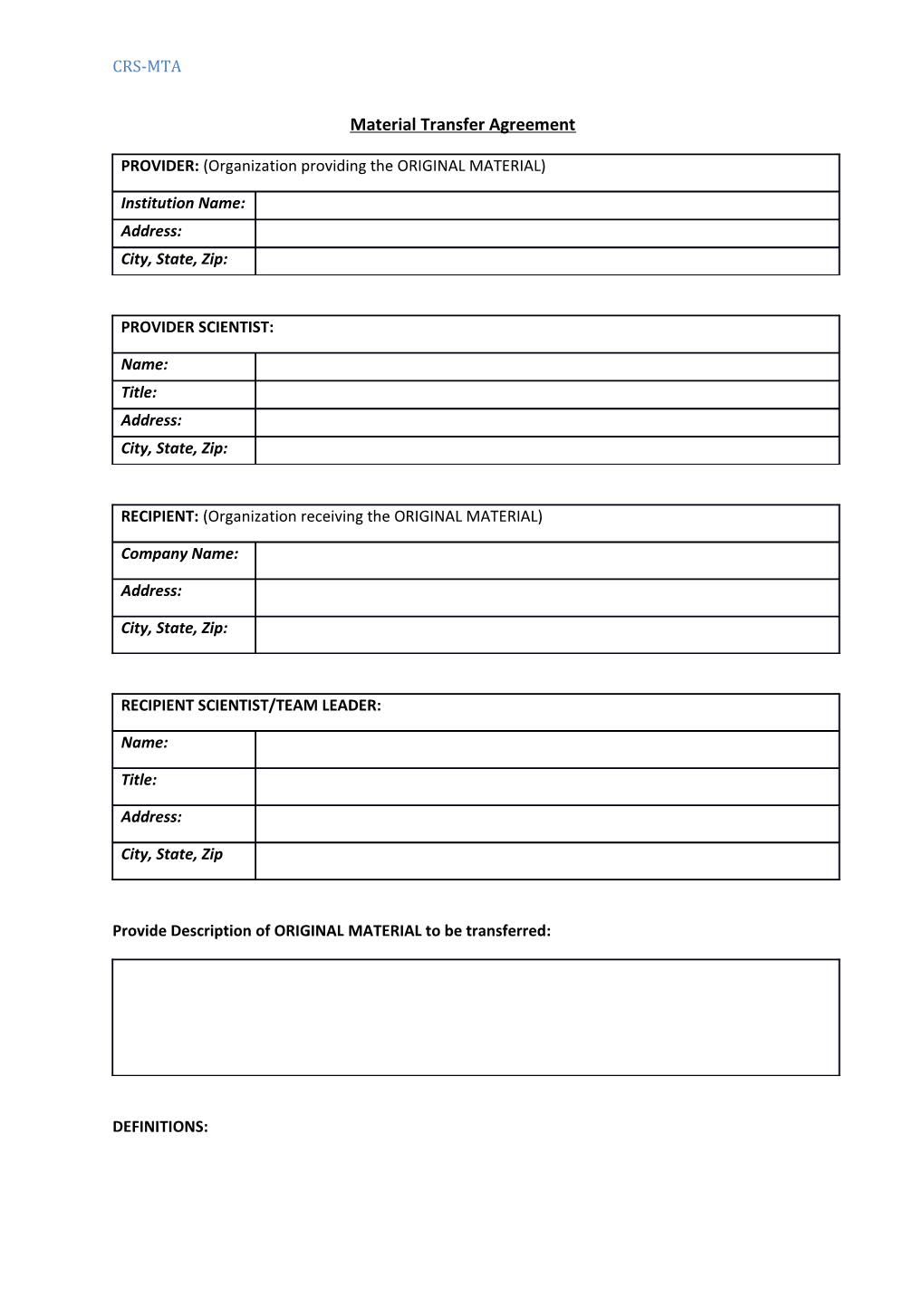 Provide Description of ORIGINAL MATERIAL to Be Transferred