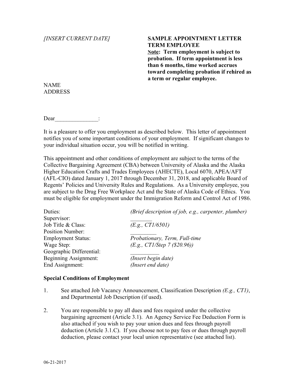 August 1, 1998 SAMPLE APPOINTMENT LETTER TERM EMPLOYEE