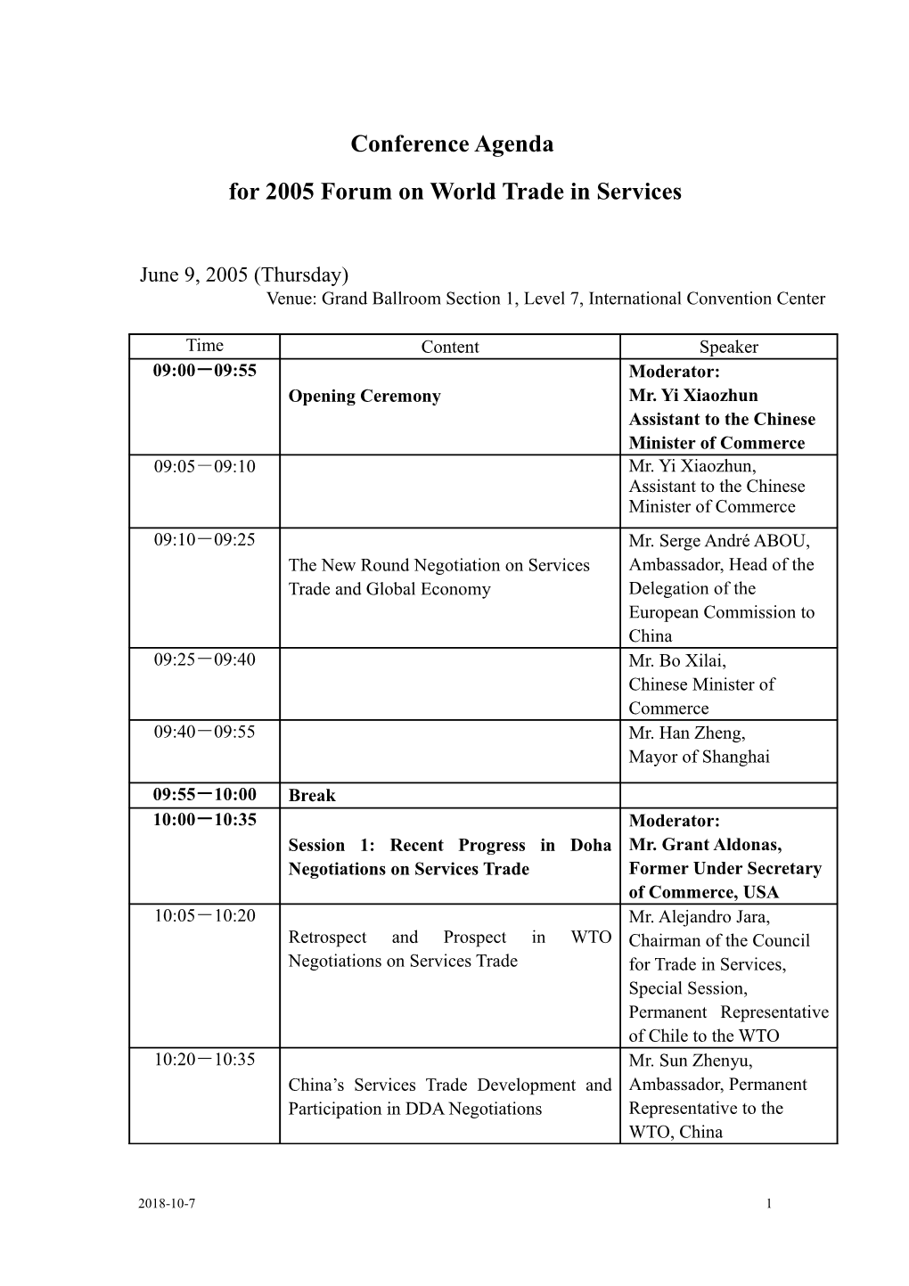Agenda for 2005 Forum on World Trade in Services