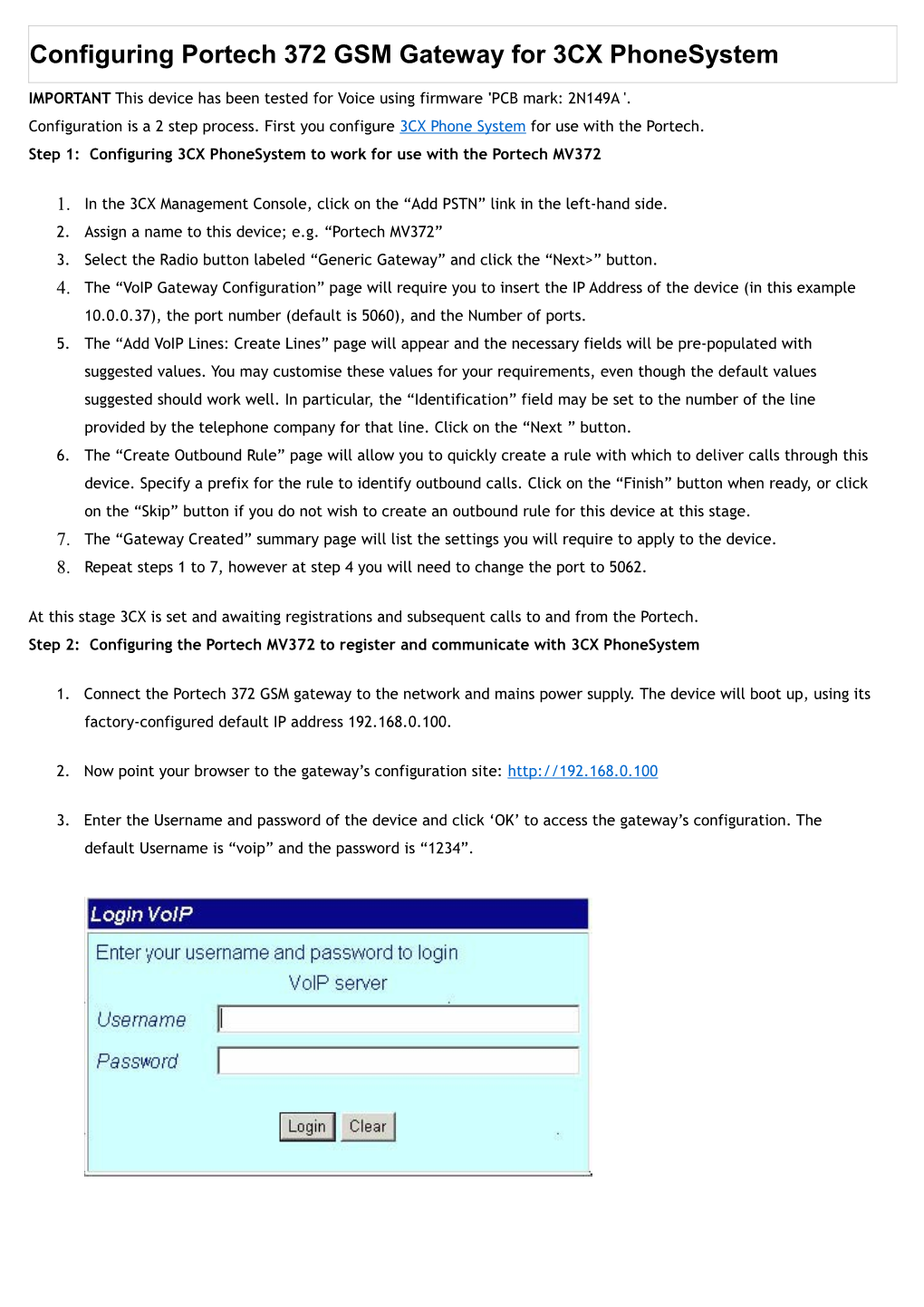 Configuring Portech 372 GSM Gateway for 3CX Phonesystem