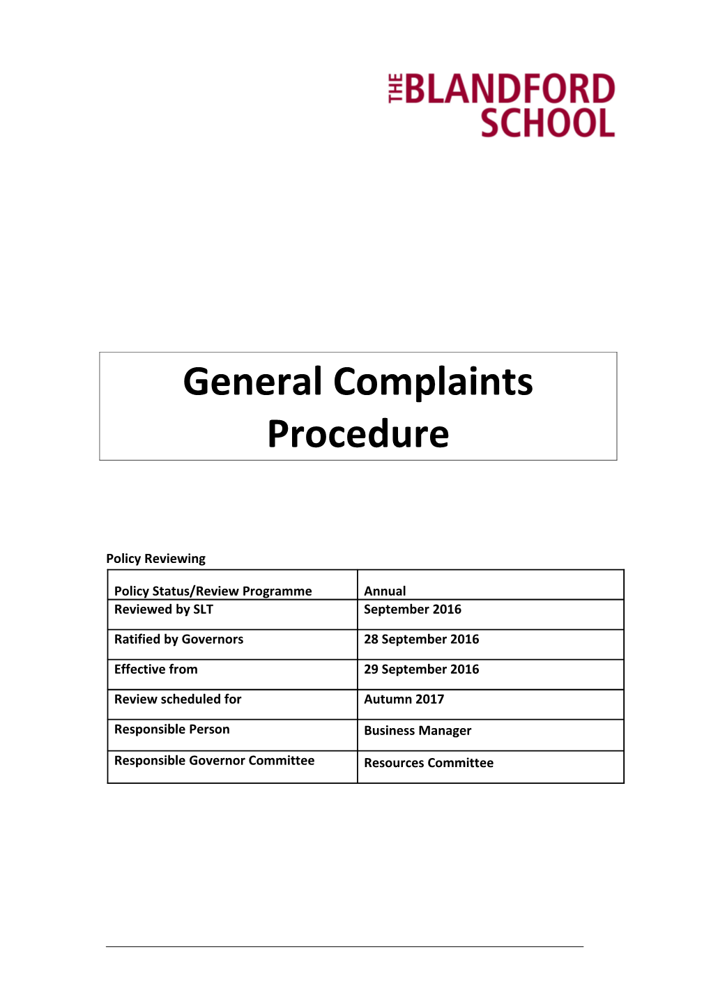 Framework for Complaints Policy